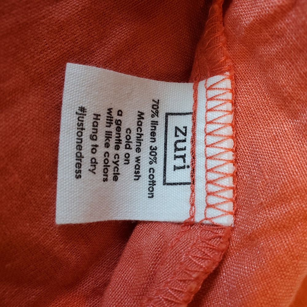 Zuri Kenya Linen Cotton Mandarin Collar Button Down Dress Coral Orange Size M - Picture 7 of 8